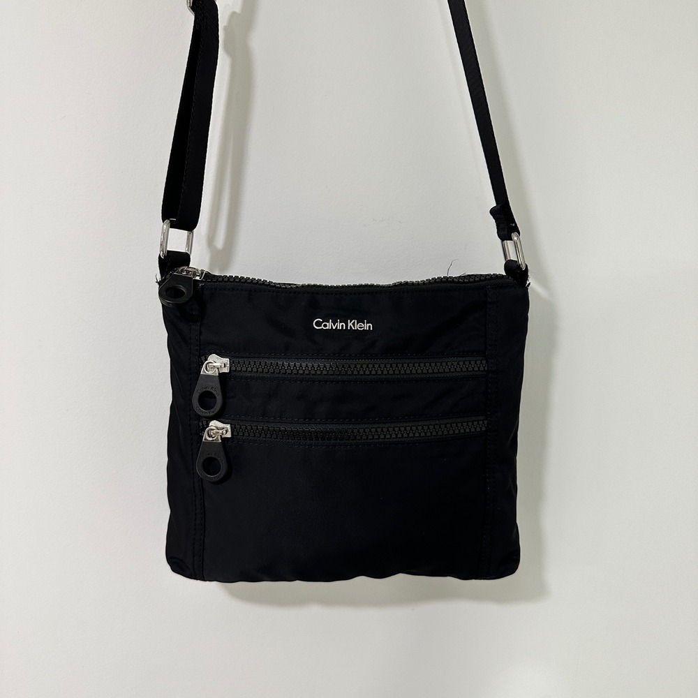 Calvin Klein Crossbody Bag Women Black Nylon Triple Zip Shoulder Purse Small